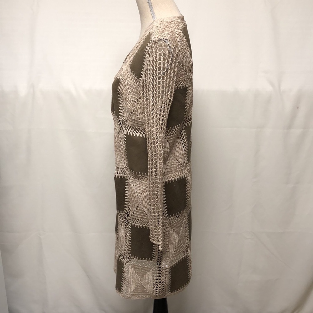 Chico’s faux suede patchwork crocheted cardigan. - Picture 5 of 12